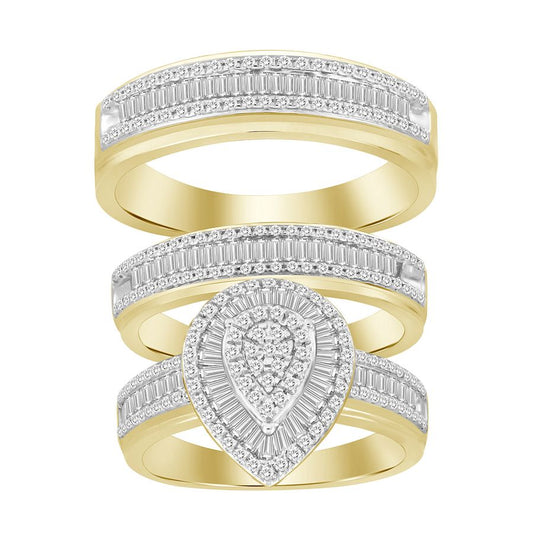 LADIES TRIOS SET 1.00CT ROUND/BAGUETTE DIAMOND 14K YELLOW GOLD