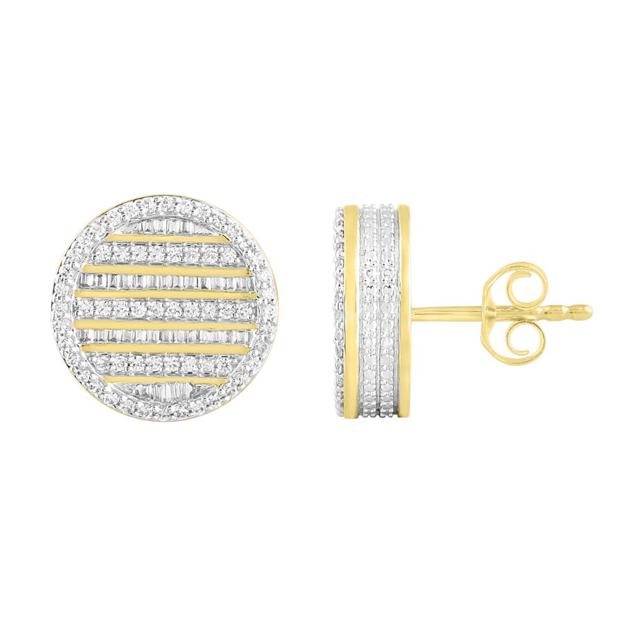 MEN'S STUD EARRINGS 1.00CT ROUND/BAGUETTE DIAMOND 10K YELLOW GOLD