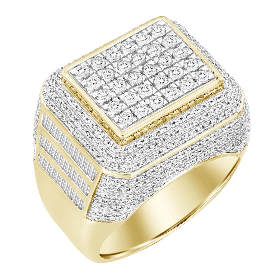 MEN'S RING 2.00CT ROUND/BAGUETTE DIAMOND 10K YELLOW GOLD