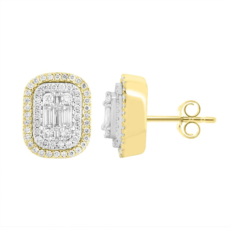 LADIES EARRINGS 1.00CT ROUND/BAGUETTE DIAMOND 10K YELLOW GOLD