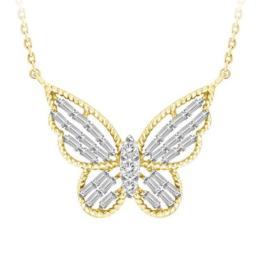 LADIES NECKLACE 0.25CT ROUND/BAGUETTE DIAMOND 10K YELLOW GOLD