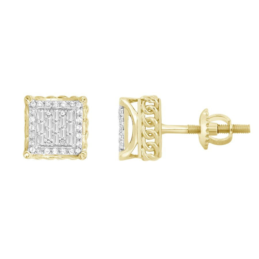 LADIES EARRINGS 0.25CT ROUND/BAGUETTE DIAMOND 10K YELLOW GOLD