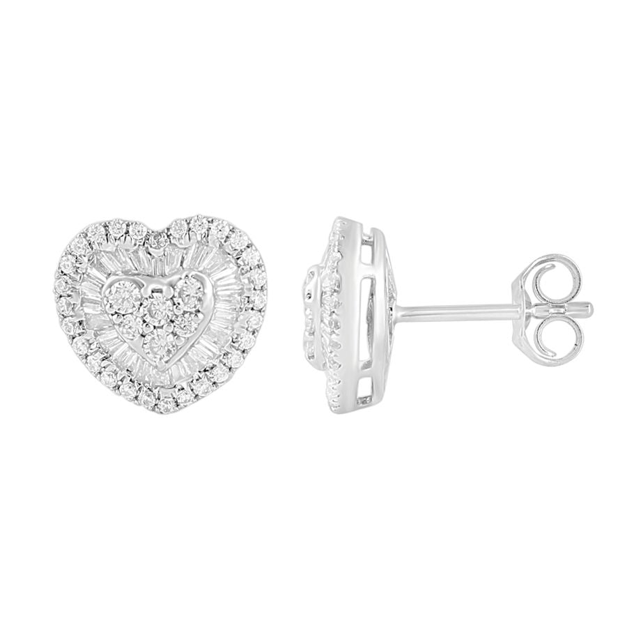 LADIES EARRINGS 0.75CT ROUND/BAGUETTE DIAMOND 10K WHITE GOLD