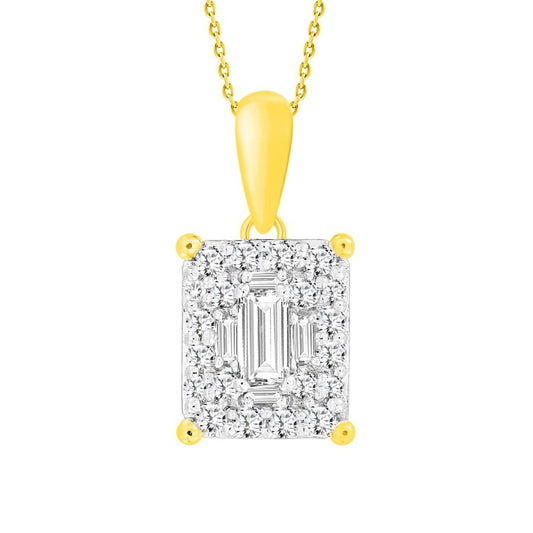 LADIES PENDANT WITH CHAIN 0.40CT ROUND/BAGUETTE DIAMOND 14K YELLOW GOLD