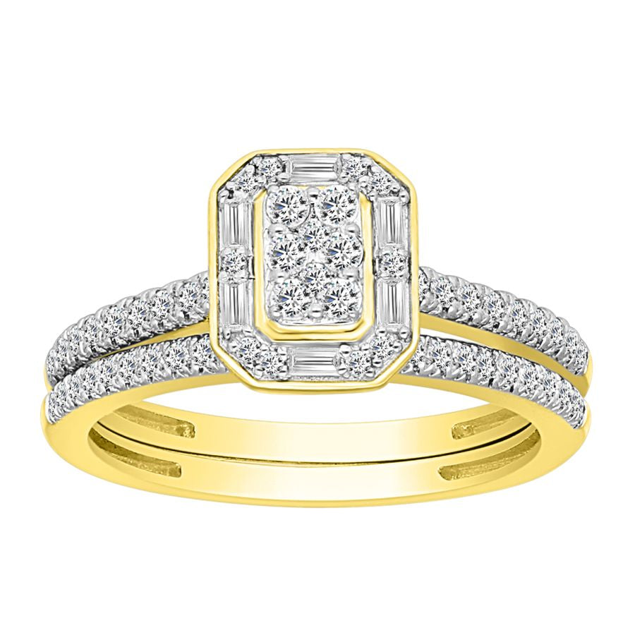 LADIES BRIDAL SET 0.50CT ROUND/BAGUETTE DIAMOND 10K YELLOW GOLD