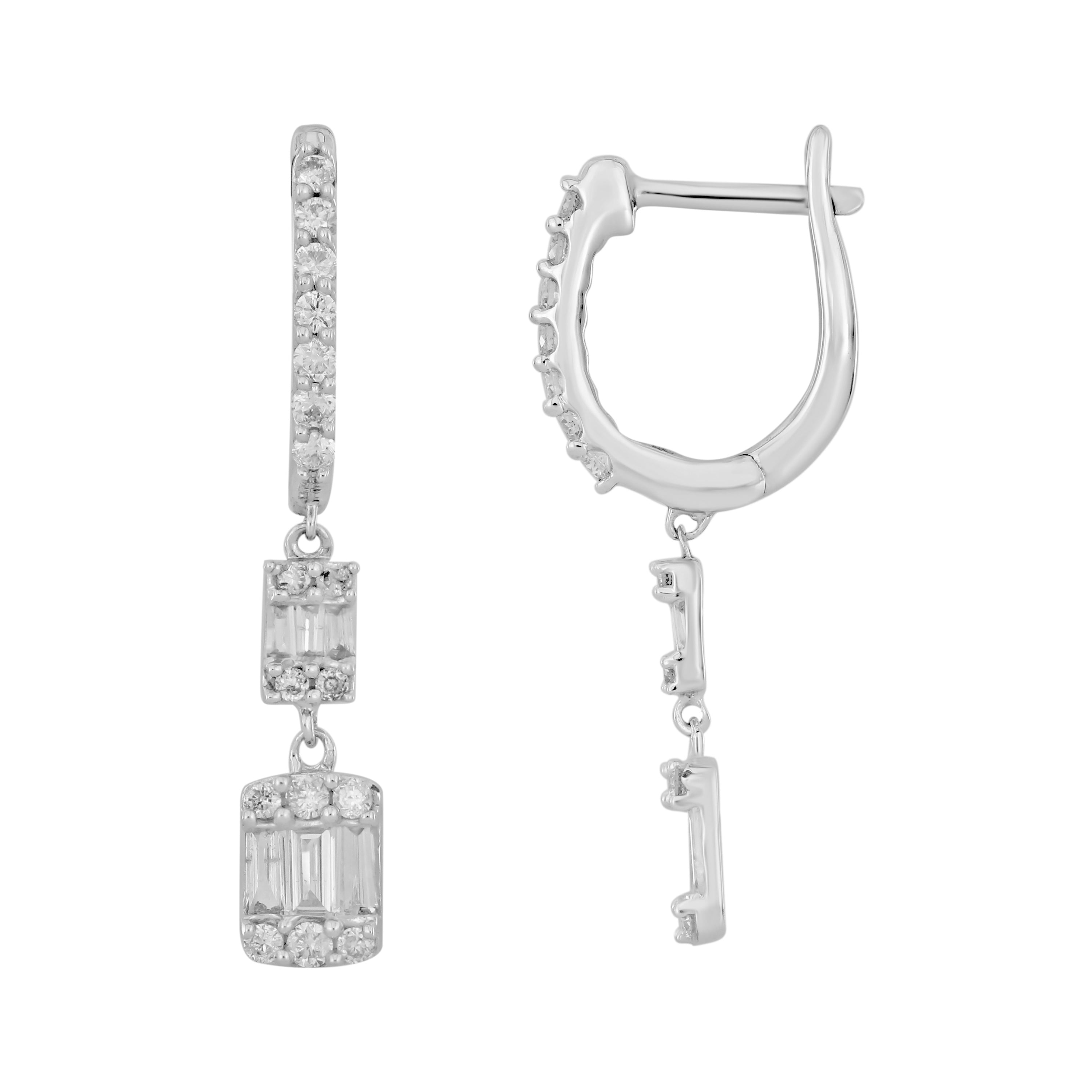 LADIES HOOPS EARRINGS 0.50CT ROUND/BAGUETTE DIAMOND 14K WHITE GOLD