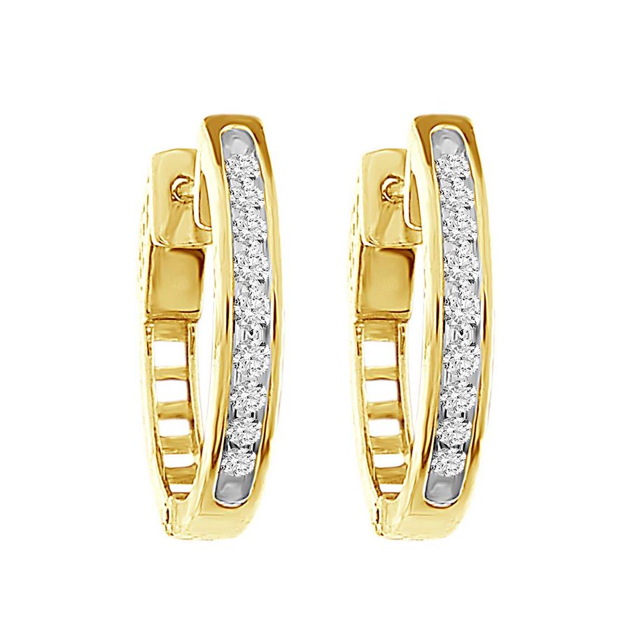 LADIES HOOPS EARRINGS 0.25CT ROUND DIAMOND 14K YELLOW GOLD