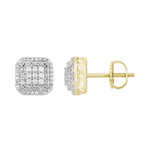 LADIES STUD EARRINGS 0.30CT ROUND/BAGUETTE DIAMOND 10K YELLOW GOLD