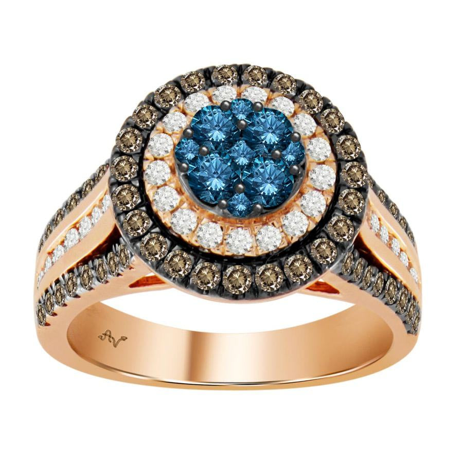 LADIES RING 1.50CT DARK BROWN/BLUE/ROUND DIAMOND 14K ROSE GOLD