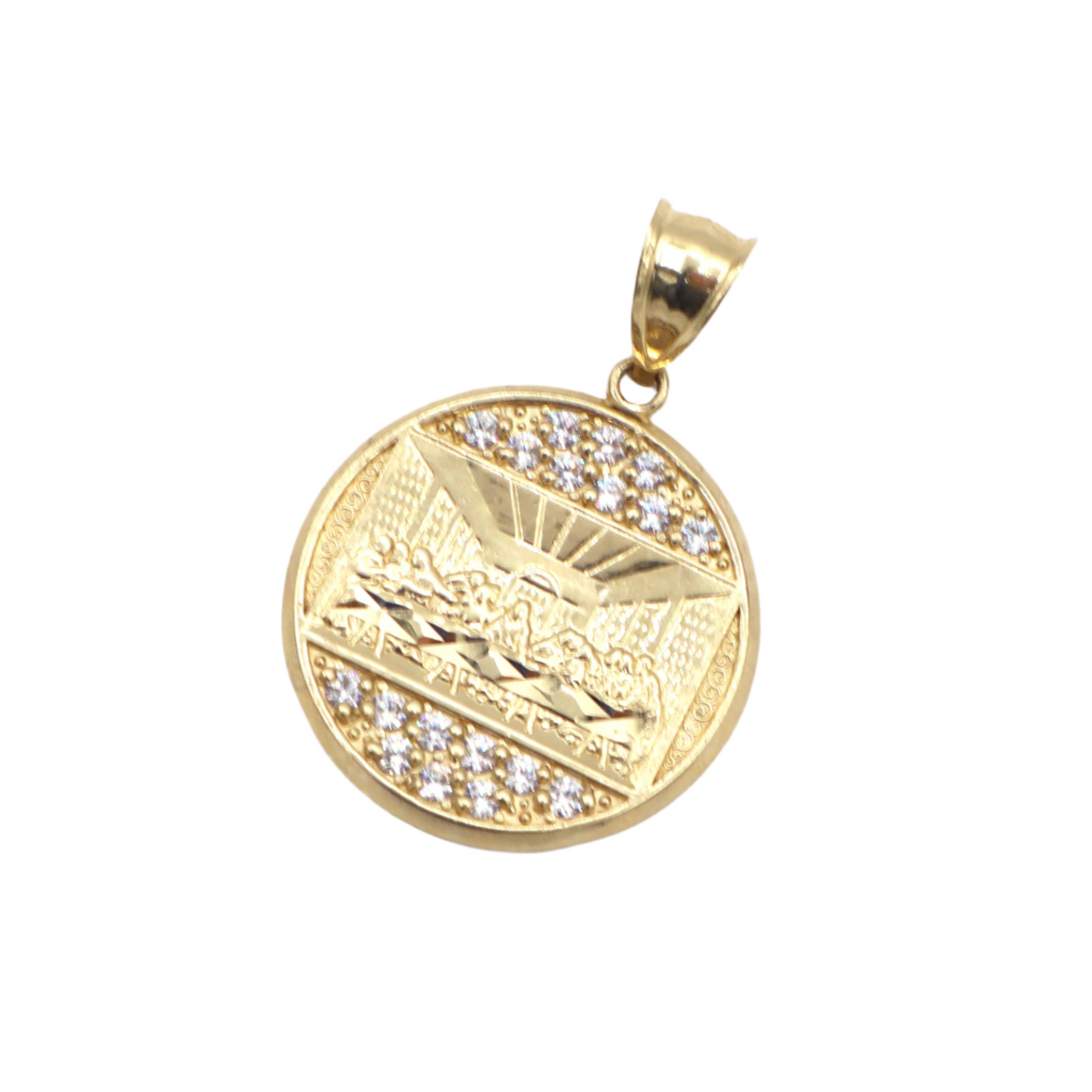 10K Solid Yellow Gold Jesus Last Supper Round CZ Pendant