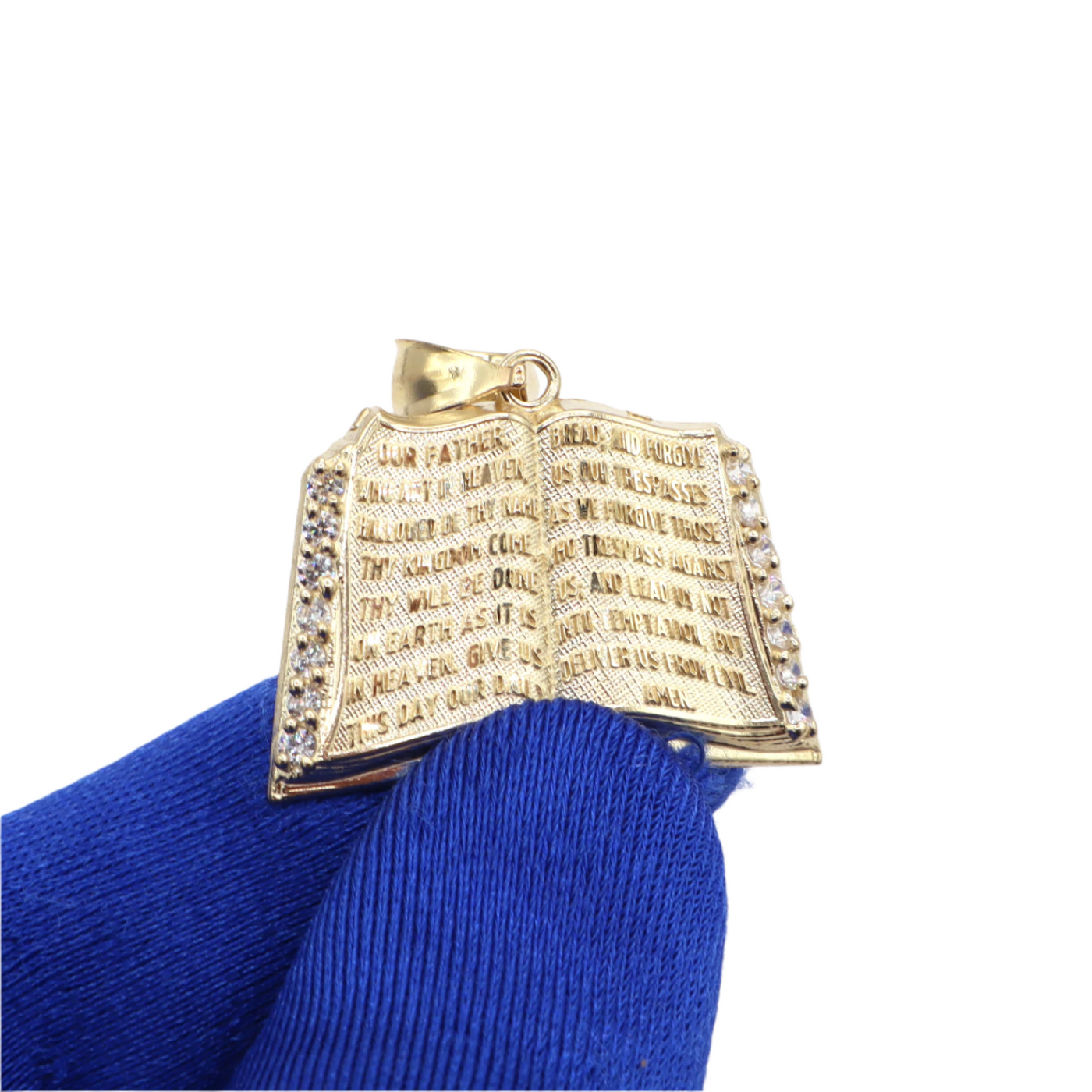 10K Solid Yellow Gold Prayer Bible CZ Charm Pendant