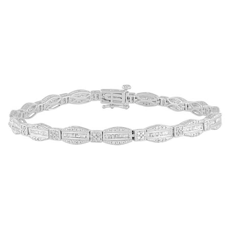 LADIES BRACELET 1.00CT ROUND/BAGUETTE DIAMOND 14K WHITE GOLD (SI QUALITY)