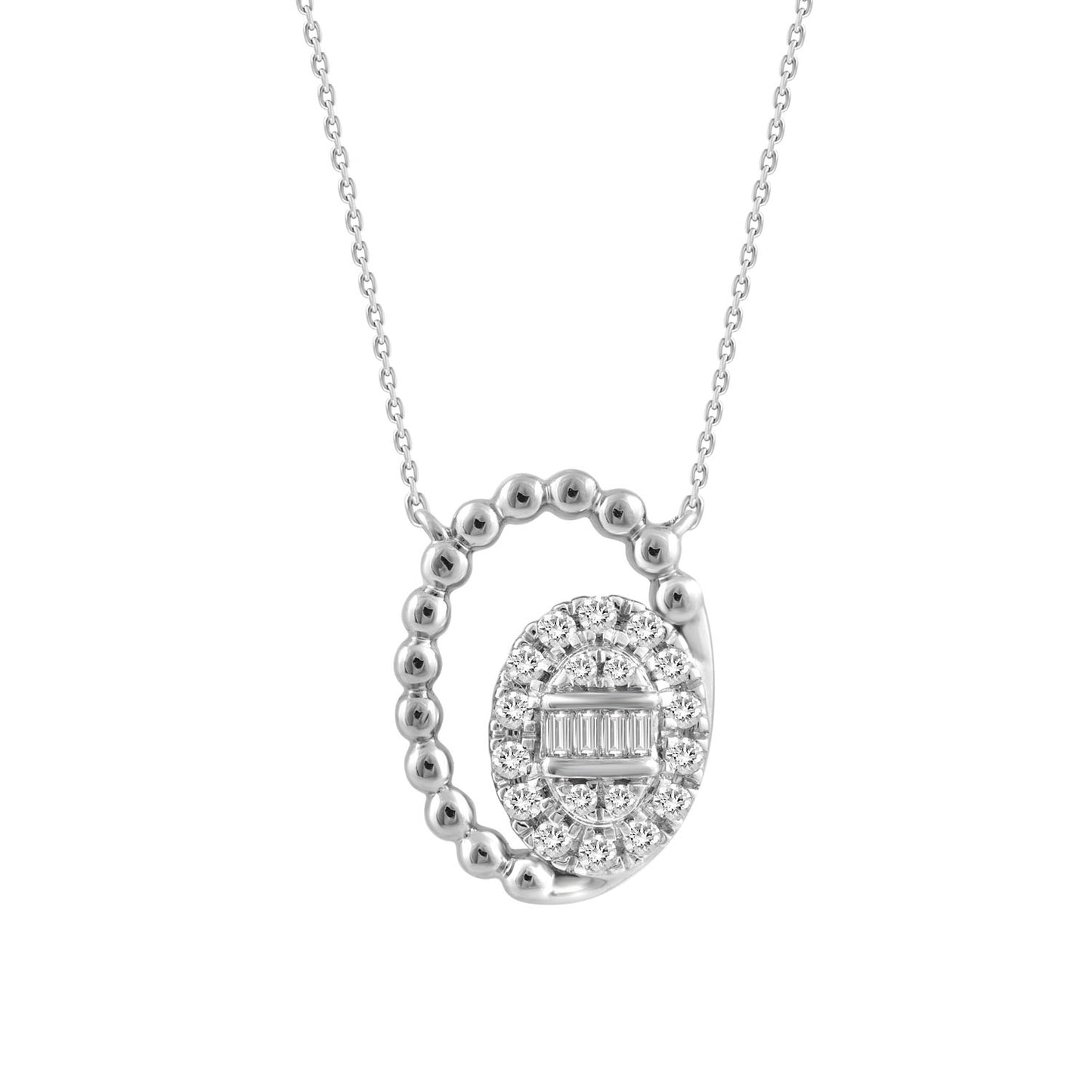 LADIES NECKLACE 0.16CT ROUND/BAGUETTE DIAMOND 10K WHITE GOLD