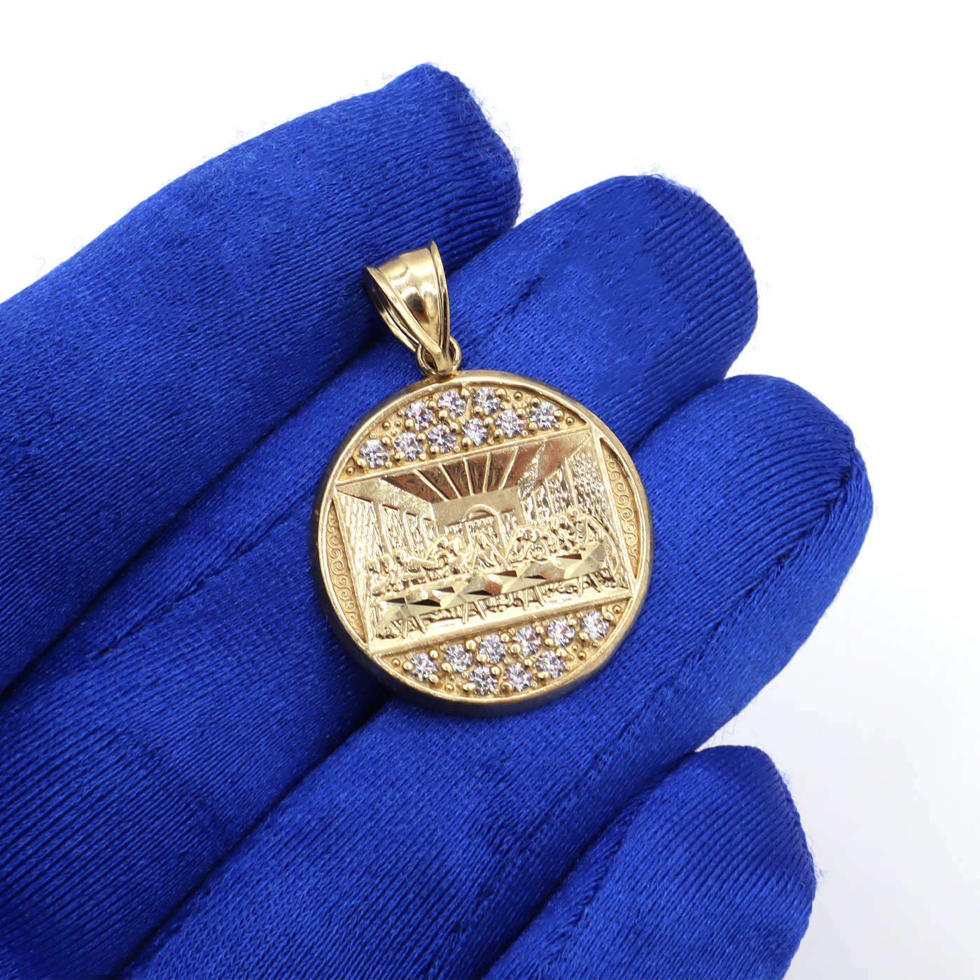 10K Solid Yellow Gold Jesus Last Supper Round CZ Pendant