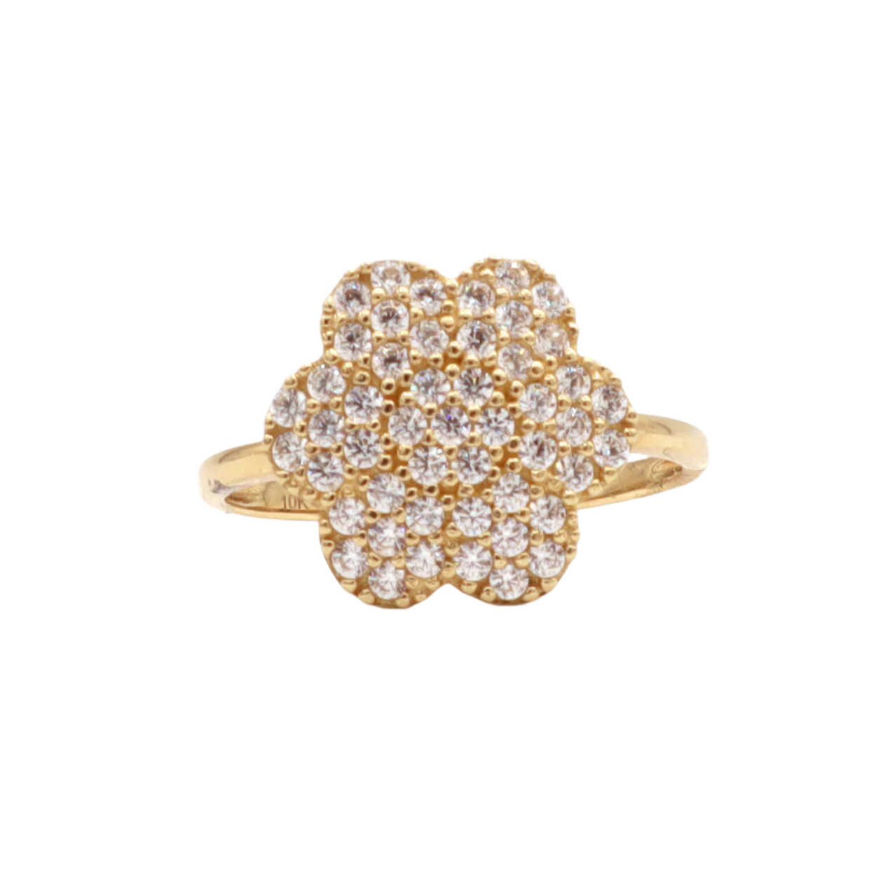 10K Solid Yellow Gold Six-Leaf Three-Layer Flower CZ Ring