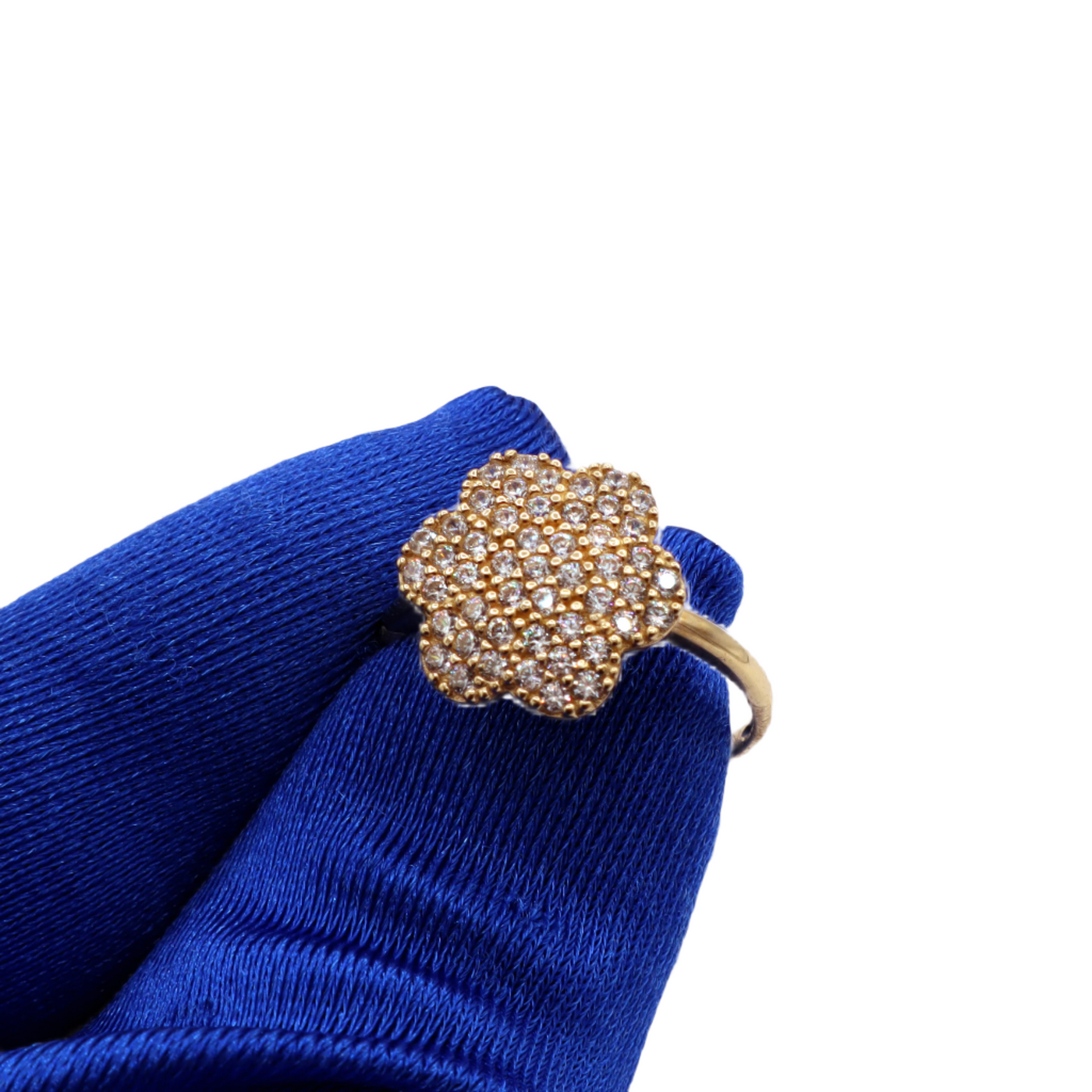 10K Solid Yellow Gold Six-Leaf Three-Layer Flower CZ Ring