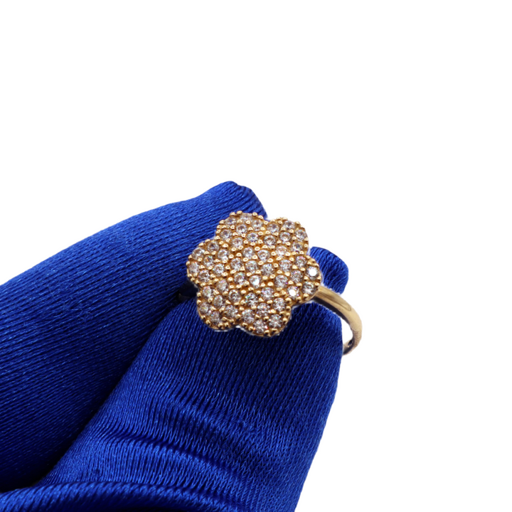 10K Solid Yellow Gold Six-Leaf Three-Layer Flower CZ Ring