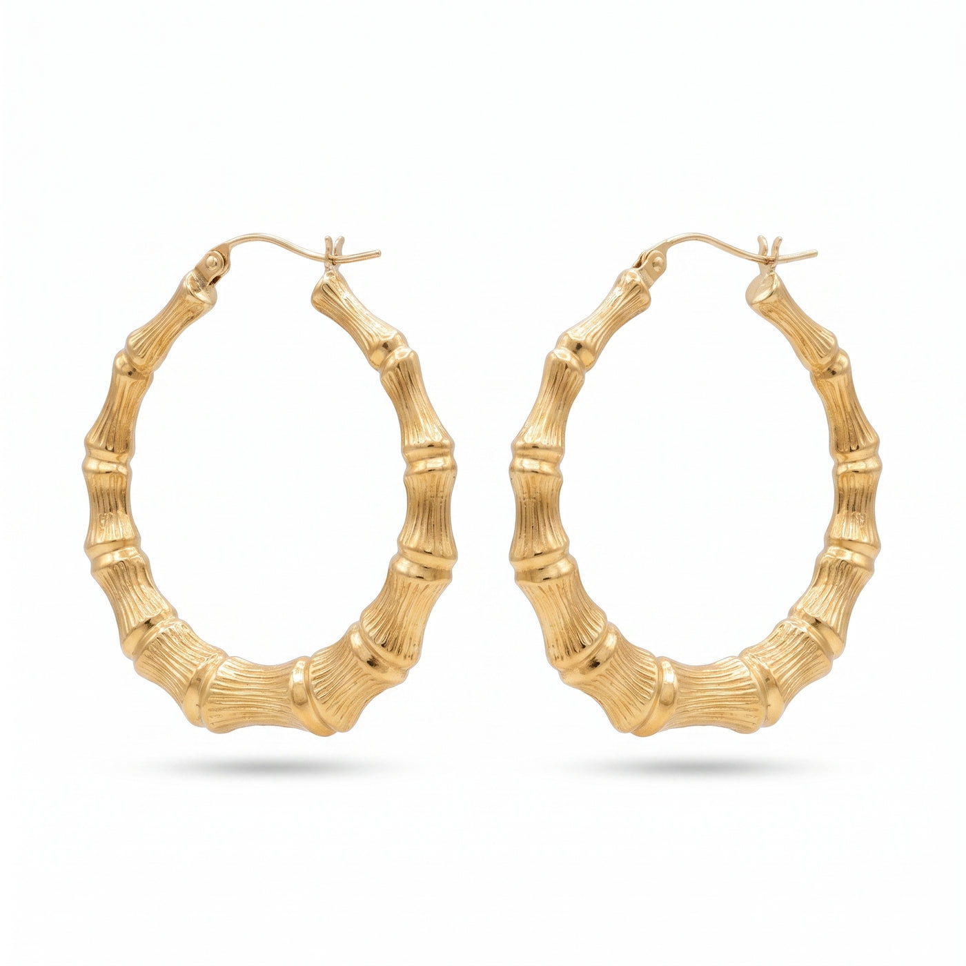 Bamboo Hoop Earrings — 10K solid gold, studio white