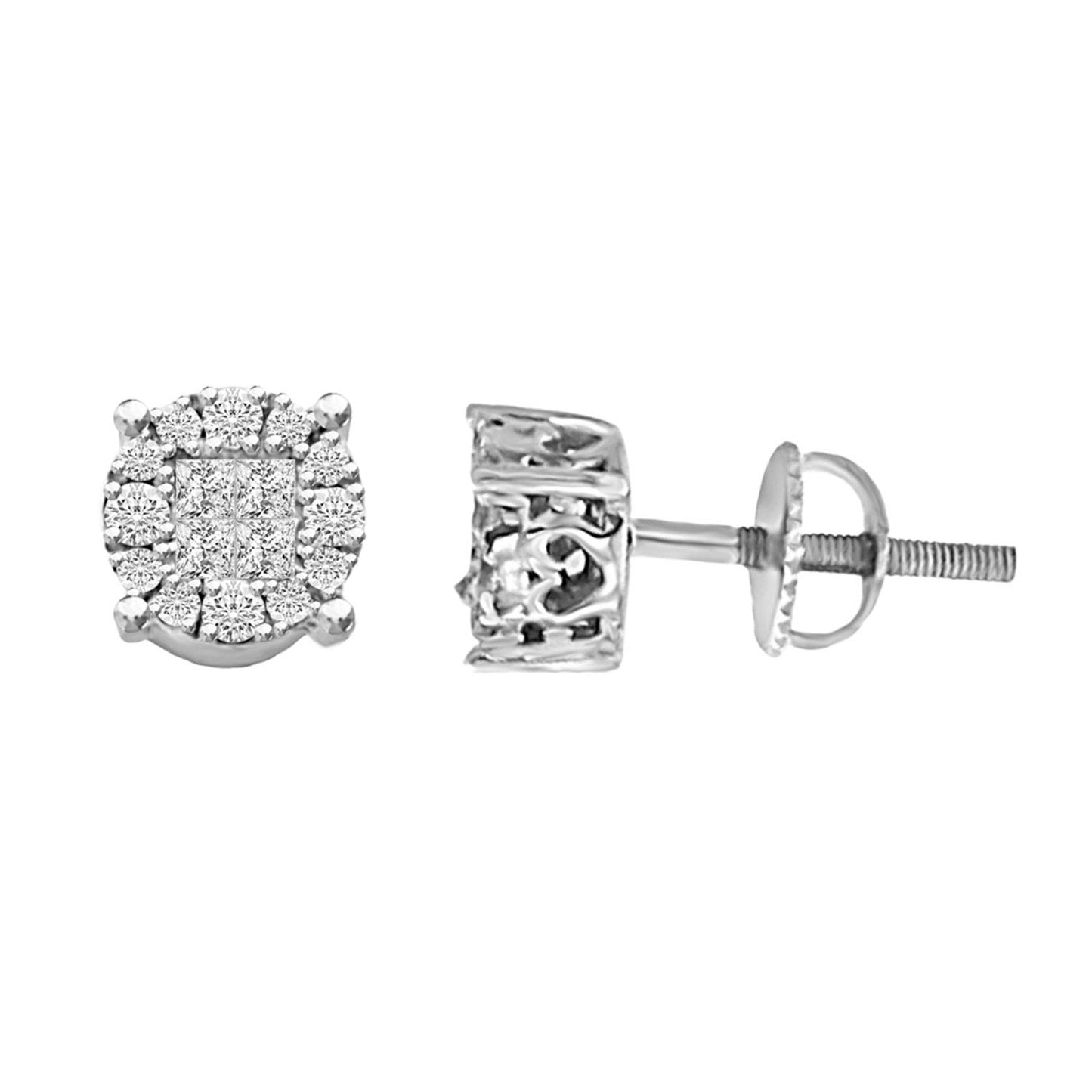 LADIES STUD EARRINGS 0.50CT ROUND/PRINCESS DIAMOND 14K WHITE GOLD