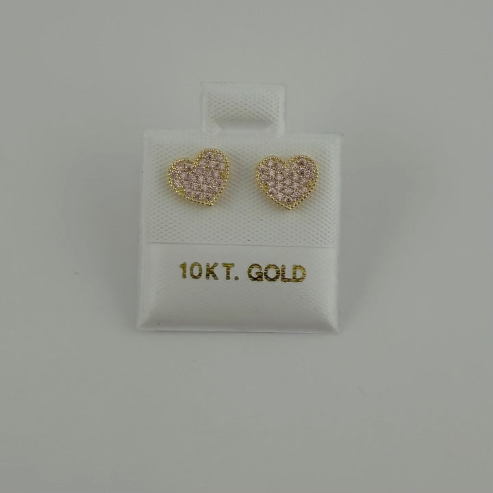 10K Yellow Gold Mini Pink Bead Heart CZ Earrings