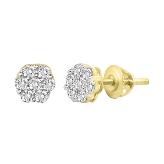 LADIES FLOWER EARRINGS 0.33CT ROUND DIAMOND 14K YELLOW GOLD