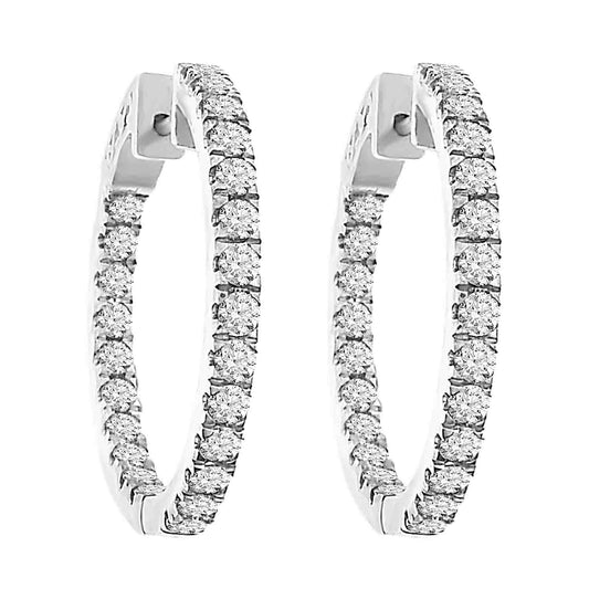 LADIES HOOPS EARRINGS 2.00CT ROUND DIAMOND 14K WHITE GOLD