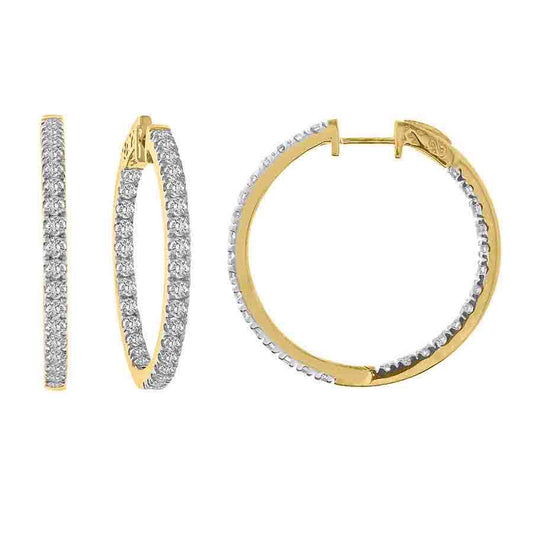 LADIES HOOPS EARRINGS 3.00CT ROUND DIAMOND 14K YELLOW GOLD