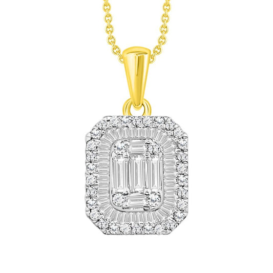 LADIES PENDANT WITH CHAIN 0.50CT ROUND/BAGUETTE DIAMOND 14K YELLOW GOLD