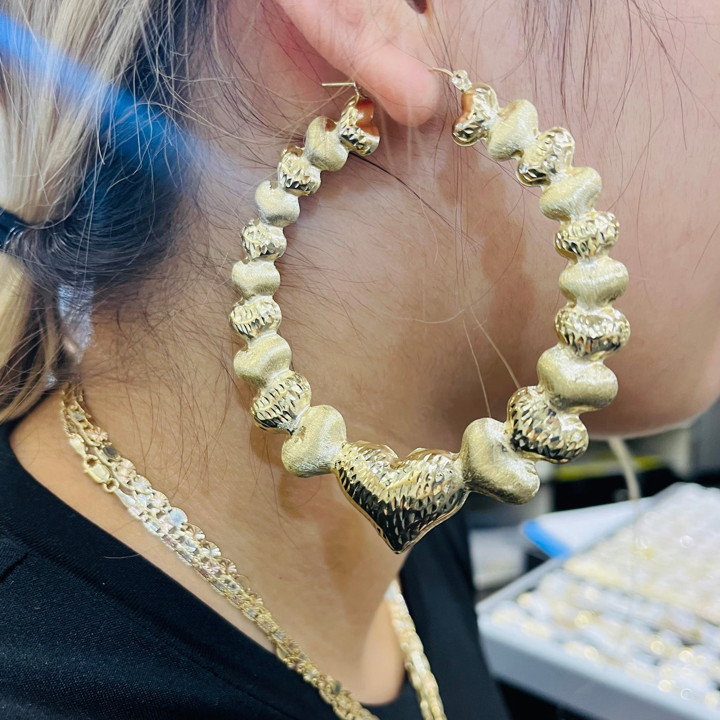 10K Gold Multi Heart Hoop Earrings (3")