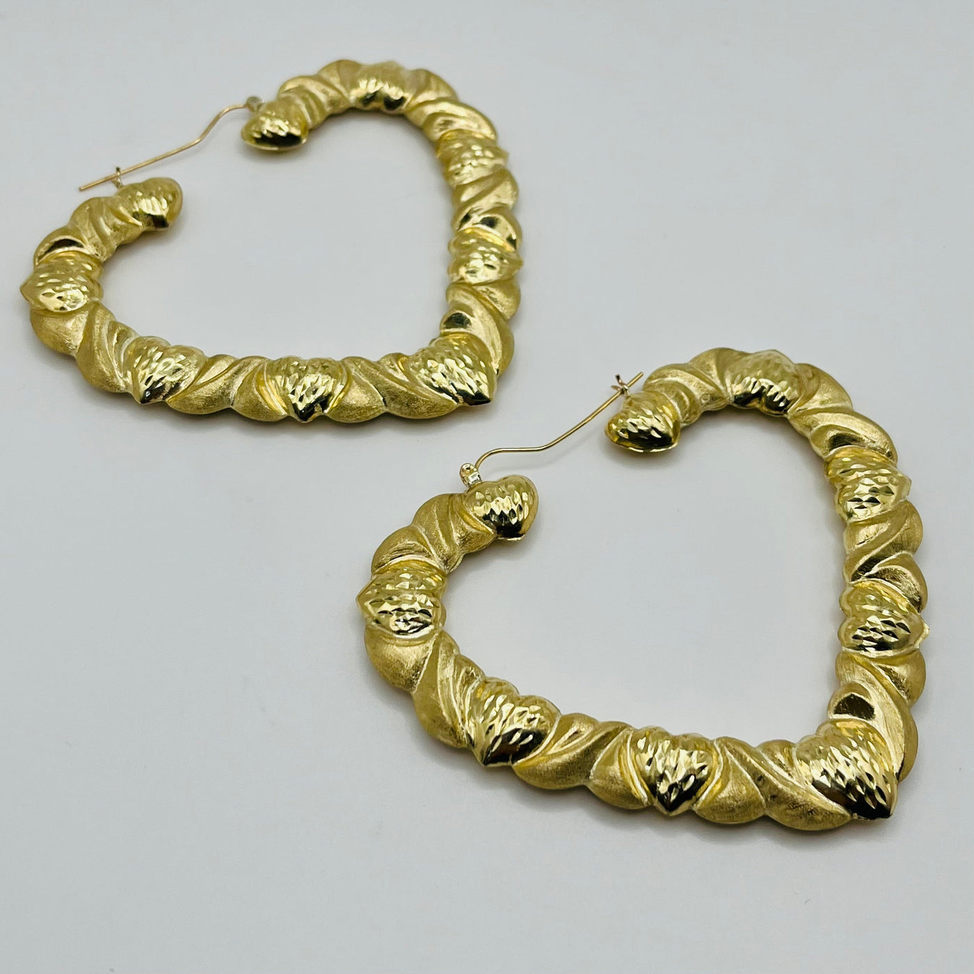 10K Yellow Gold Hearts Pattern Hoop Earrings (3")