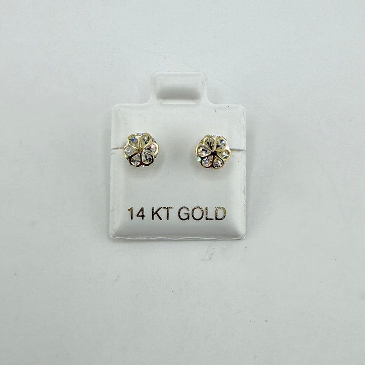 14K Gold CZ Flower Earrings (Screwback)