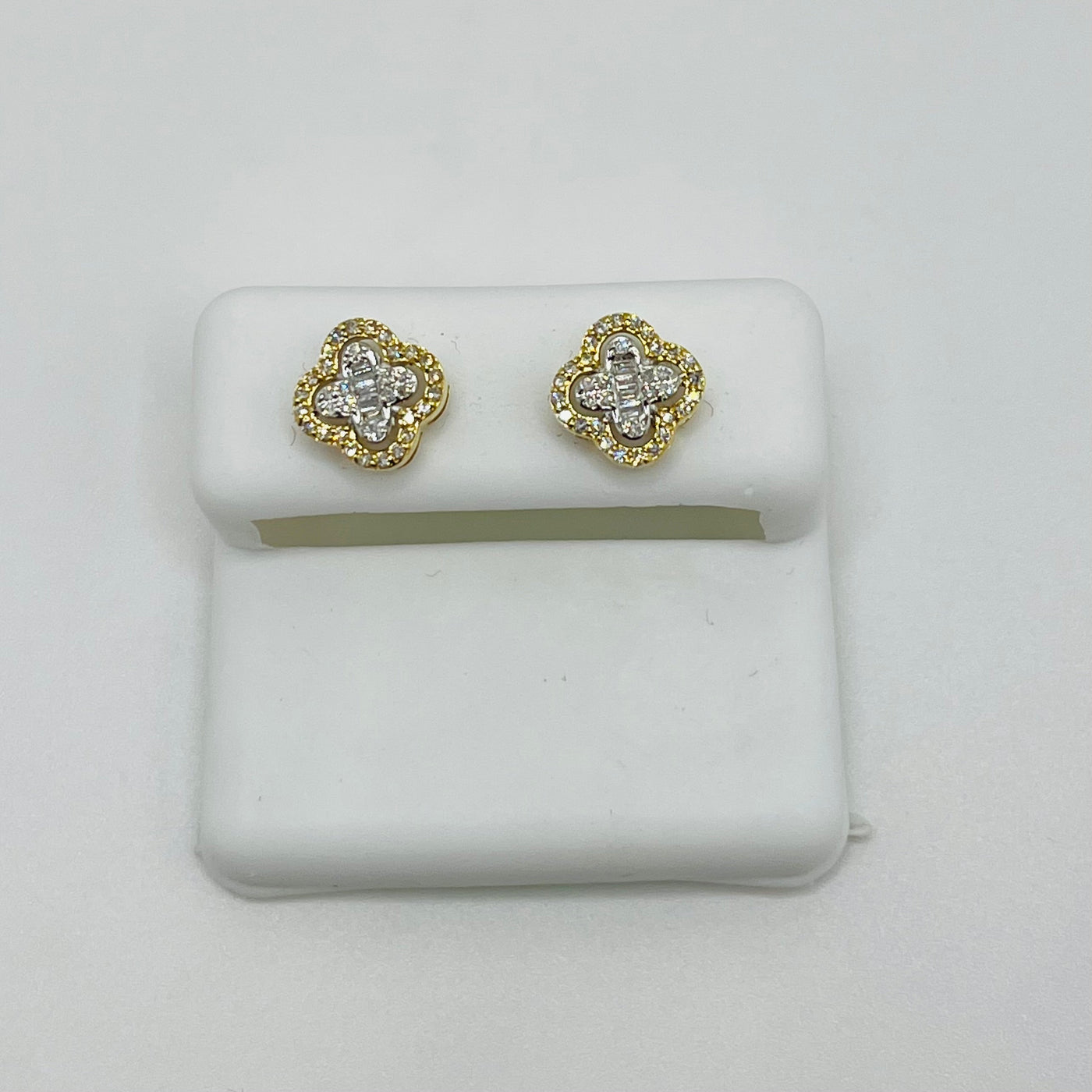 14K Gold Four Leaf Clover Baguette Diamond Earrings
