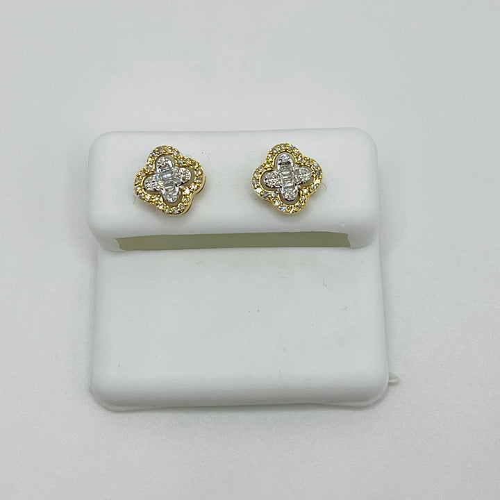 14K Gold Four Leaf Clover Baguette Diamond Earrings