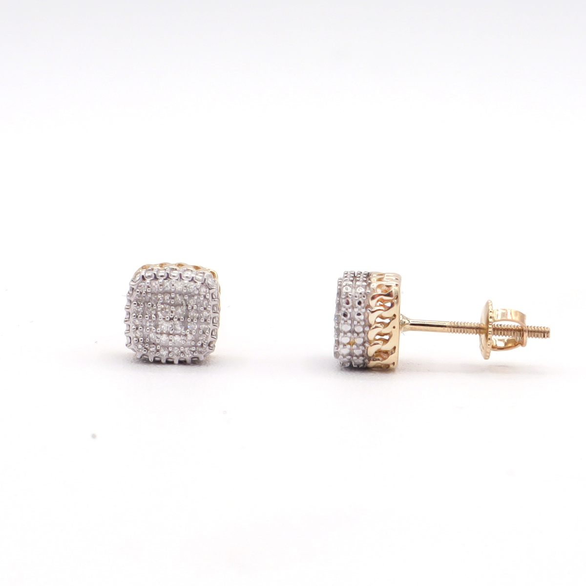 10K Solid Yellow Gold Iced-Out All-Pave Square Diamond Stud Earrings