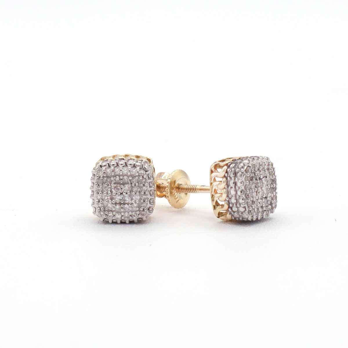 10K Solid Yellow Gold Iced-Out All-Pave Square Diamond Stud Earrings
