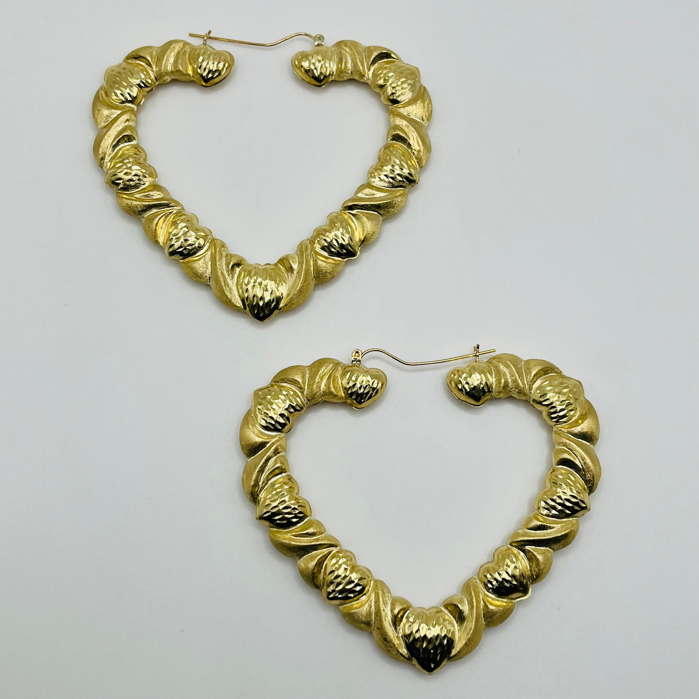 10K Yellow Gold Hearts Pattern Hoop Earrings (3")