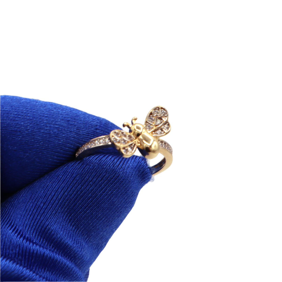 10K Solid Yellow Gold Bee CZ Wings Statement Ring