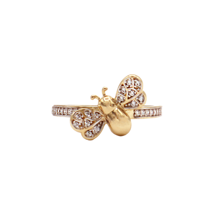 10K Solid Yellow Gold Bee CZ Wings Statement Ring