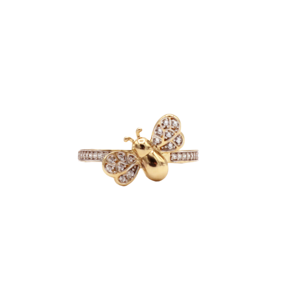 10K Solid Yellow Gold Bee CZ Wings Statement Ring