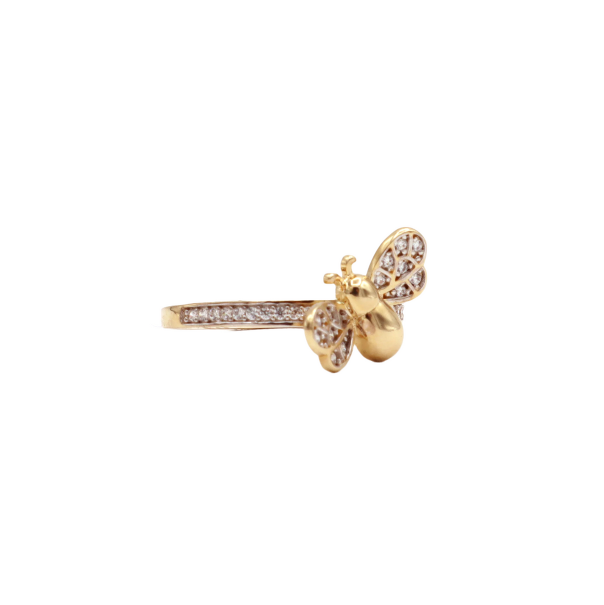 10K Solid Yellow Gold Bee CZ Wings Statement Ring