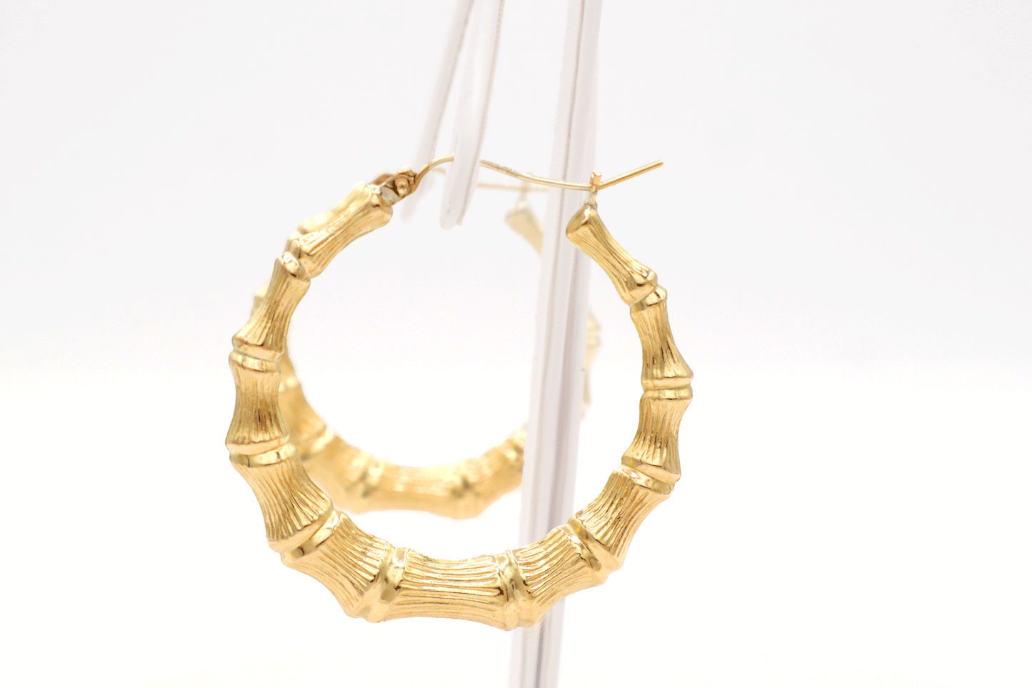 10K Real Gold Bamboo Hoop Earrings STF Diamonds