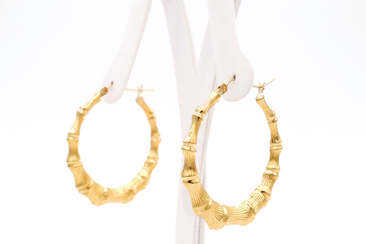 10K Solid Yellow Gold 1" Bamboo Hoop Earrings