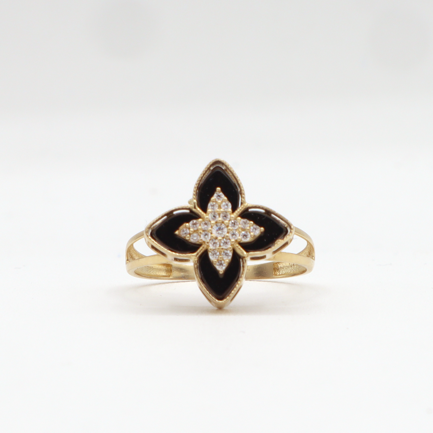 10K Solid Yellow Gold Black & CZ Four Leaf Clover Ring