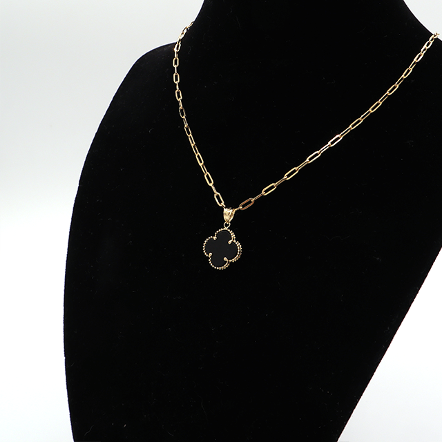 Black Four Leaf Love Clover Jewelry Necklace Set 14K Pure Yellow Gold STF Diamonds