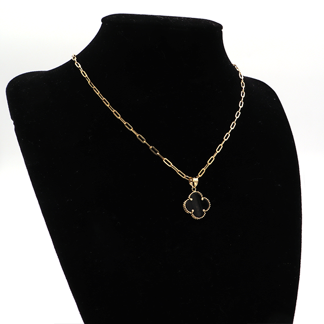 Black Four Leaf Love Clover Jewelry Necklace Set 14K Pure Yellow Gold - STF DIAMONDS