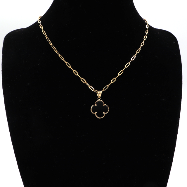 Black Four Leaf Love Clover Jewelry Necklace Set 14K Pure Yellow Gold - STF DIAMONDS