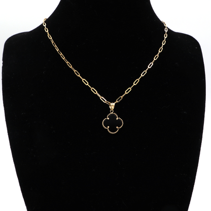 Black Four Leaf Love Clover Jewelry Necklace Set 14K Pure Yellow Gold - STF DIAMONDS