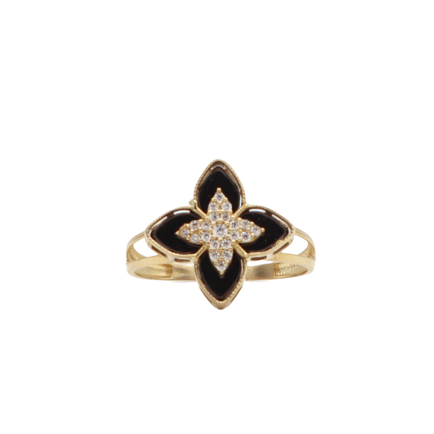 10K Solid Yellow Gold Black & CZ Four Leaf Clover Ring