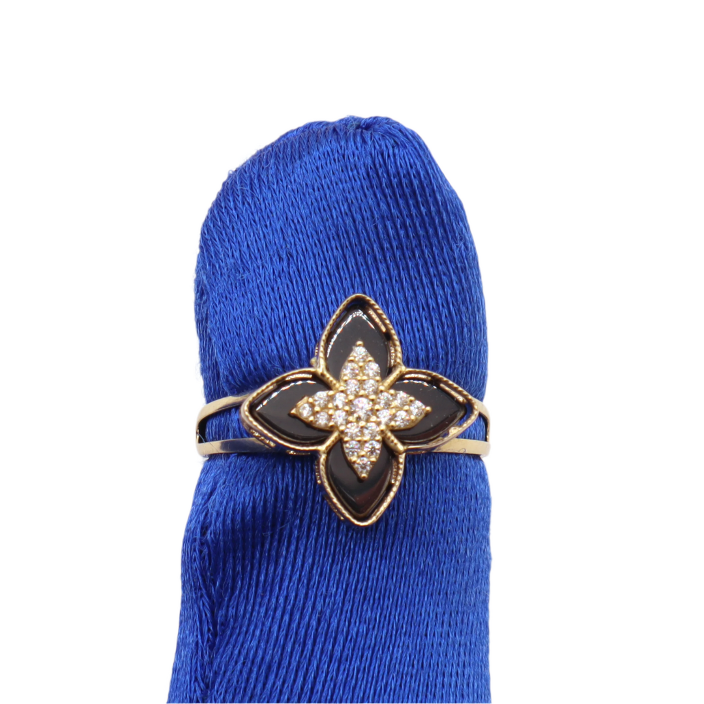 10K Solid Yellow Gold Black & CZ Four Leaf Clover Ring