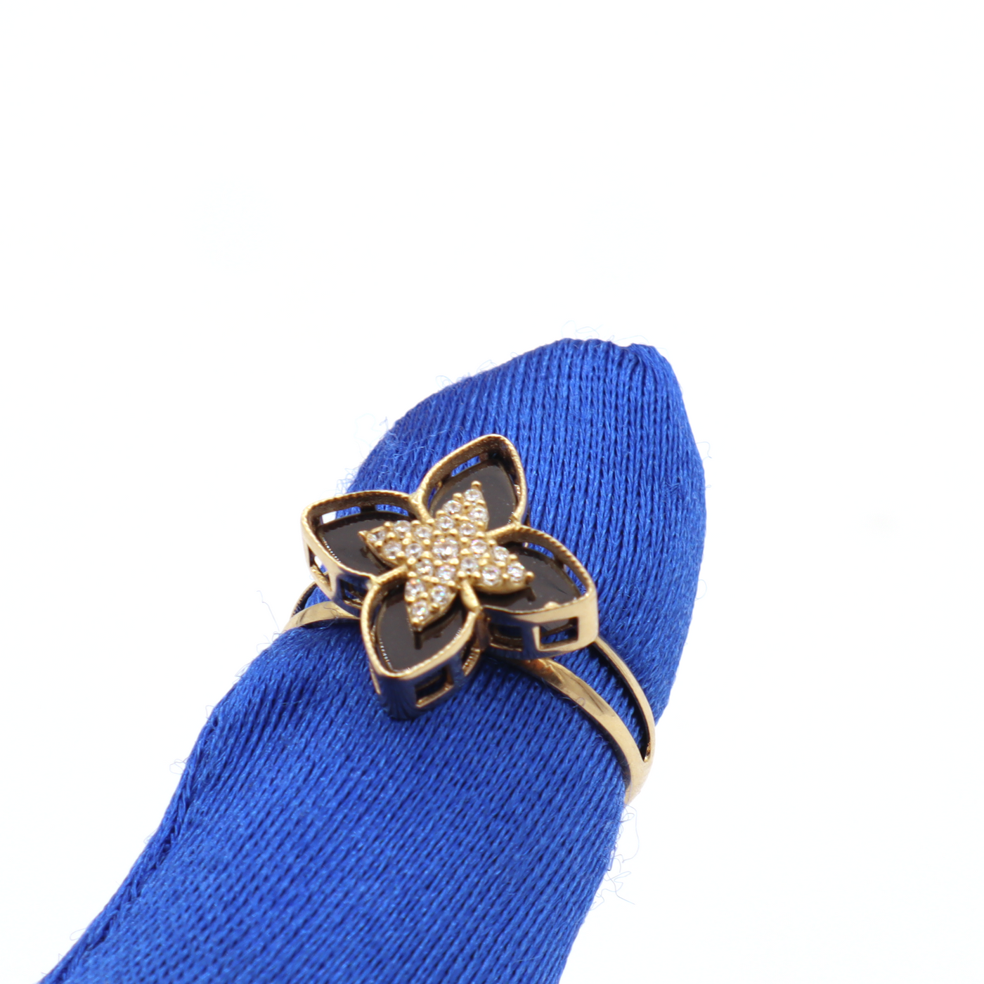 10K Solid Yellow Gold Black & CZ Four Leaf Clover Ring